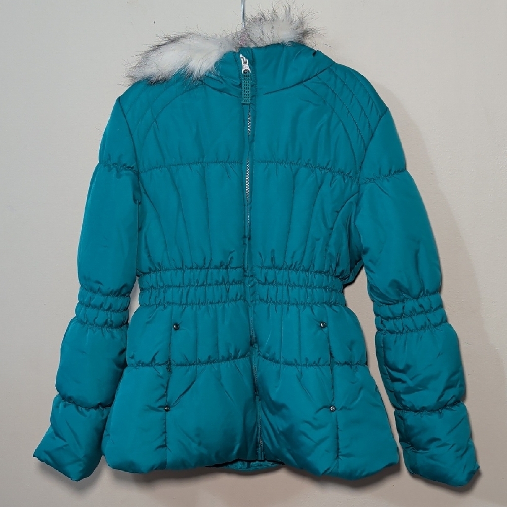 London Fog Hooded Puffer Jacket with Faux Fur Trim Teal Girls Size M 10-12